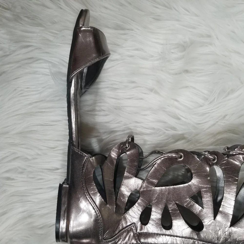 Metallic Silver Lace-Up Gladiator Knee-High Sandals - Women